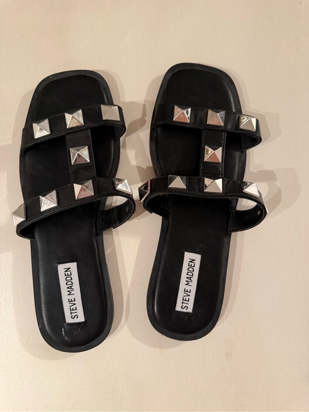 Steve Madden Black Double-Strap Slide Sandals with Silver Studs